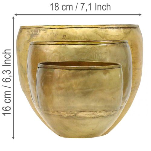 Koristeelliset maljakot, messinginkeltaiset, metallimaljakot Ø18/15/12,5 cm, 3 kpl:n setti | Floristik24.fi