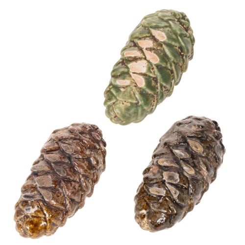 Koristeelliset keraamiset käpyjä, sekoitus vihreää, keltaista, ruskeaa, 8,5 cm, 6 kpl | Floristik24.fi