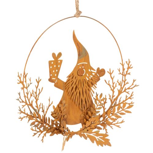 Jouluinen koristesormus, poro sormuksessa, joulupukki lahjan kanssa, metallikoriste, ruosteinen viimeistely, Ø18cm, 2 kpl setti | Floristik24.fi