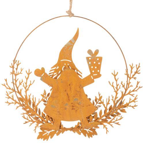 Jouluinen koristesormus, poro sormuksessa, joulupukki lahjan kanssa, metallikoriste, ruosteinen viimeistely, Ø18cm, 2 kpl setti | Floristik24.fi