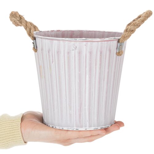 kohteita Istutusämpäri, istutuslaatikko kahvoilla, metallikoristeet pinkki/vihreä/keltainen shabby chic Ø16,5 cm korkeus 15 cm 3-osainen setti