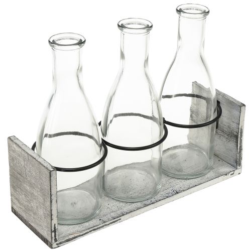 Floristik24 Maalaismainen pullosarja puukannattimessa - 3 lasipulloa, harmaa-valkoinen, 24x8x20 cm - Monipuolinen koristeluun