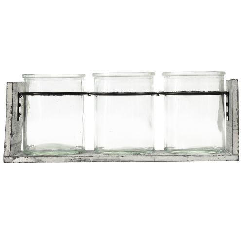 kohteita Maalaismainen lasiastiasetti harmaassa ja valkoisessa puisessa telineessä - 27,5x9x11 cm - Monipuolinen säilytys- ja koristeratkaisu