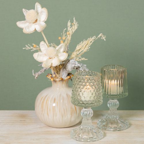 kohteita Lasinen tuikkupidike, jossa pistemäiset ja uralliset pohjaosat, korkeus 15 cm, 2 kpl