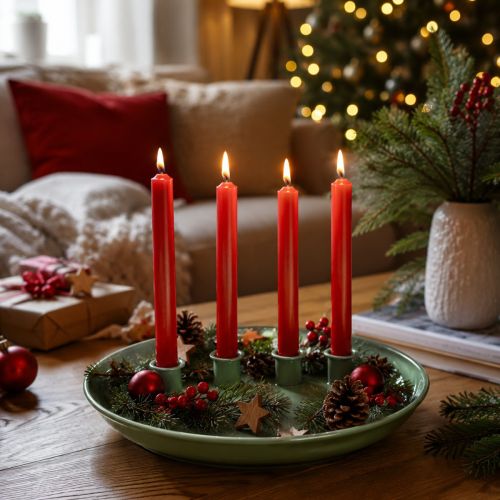 Kynttilälautanen Adventtiseppele vihreä neljällä kynttilänjalalla 24cm | Floristik24.fi