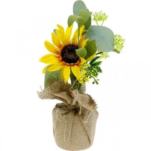Floristik24 Keinotekoinen auringonkukka, silkkikukka, kesäkoristeet, auringonkukka juuttisäkissä