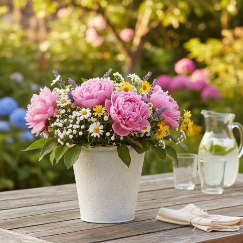 kohteita Kukkaruukku koristeilla, välimuistiruukku, metalliastia, valkoinen, Ø15,5cm, K14,5cm