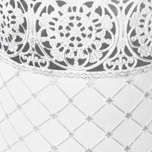 kohteita Pitsikuvioinen ruukku, metalliastia, koristeämpäri, valkoinen, hopea, shabby chic, korkeus 28/25,5/23,5 cm, halkaisija 29,5/25,5/20 cm, 3 kpl setti