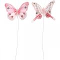 Floristik24 Koristeelliset perhoset Vaaleanpunainen sulka perhonen langalla 7,5cm 6kpl