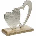 Floristik24 Deco sydän hopea, metallisydän mangopuulla, ystävänpäivä, pöydän koristelu kaksinkertainen sydän