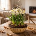 Floristik24 Pyöreä ruukku, kukkakoriste, muovikulho, asetelma-astia, vihreä, valkoinen kirjava, K8,5cm, Ø30cm