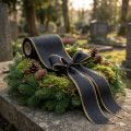 Elegantti moiré-seppelenauha, 175 mm musta helmiäisreunalla ja taftikudoksella, koristenauha hautajaiskukkakauppoihin, rusettinauha, 25 m | Floristik24.fi