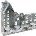 Valaistuvat talot, ikkunakoristeet, hopeiset majat, antiikkityylinen metallilyhty, P 67,5 cm K 20 cm | Floristik24.fi
