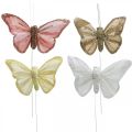 Floristik24 Perhoset kiillellä, hääkoristeet, koristetulpat, höyhenperhonen keltainen, beige, pinkki, valkoinen 9,5×12,5cm 12kpl