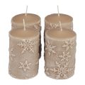 Floristik24 Pilarikynttilät beige kynttilät lumihiutaleet 100/65mm 4kpl