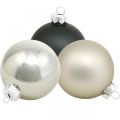Floristik24 Koru, joulukuusikoristeet, joulukuusipallo musta/hopea/helmiäinen H8,5cm Ø7,5cm aitoa lasia 12 kpl